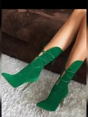 Green Lace-Up Suede Stiletto Ankle Boots